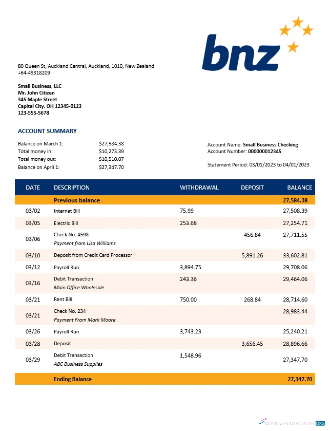 Download BNZ Bank organization account statement Word and PDF template Photoshop template